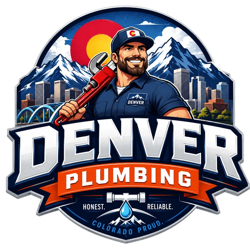 Denver Plumbing badge logo concept: a plumber with a pipe wrench in front of the Rocky Mountains, Denver skyline, and Colorado sun