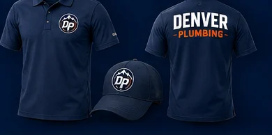 Concept uniform mockups: navy Denver Plumbing polo shirts and cap with the DP monogram
