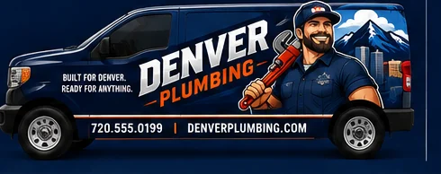 Concept vehicle wrap mockup for a Denver Plumbing service van in navy with orange lettering
